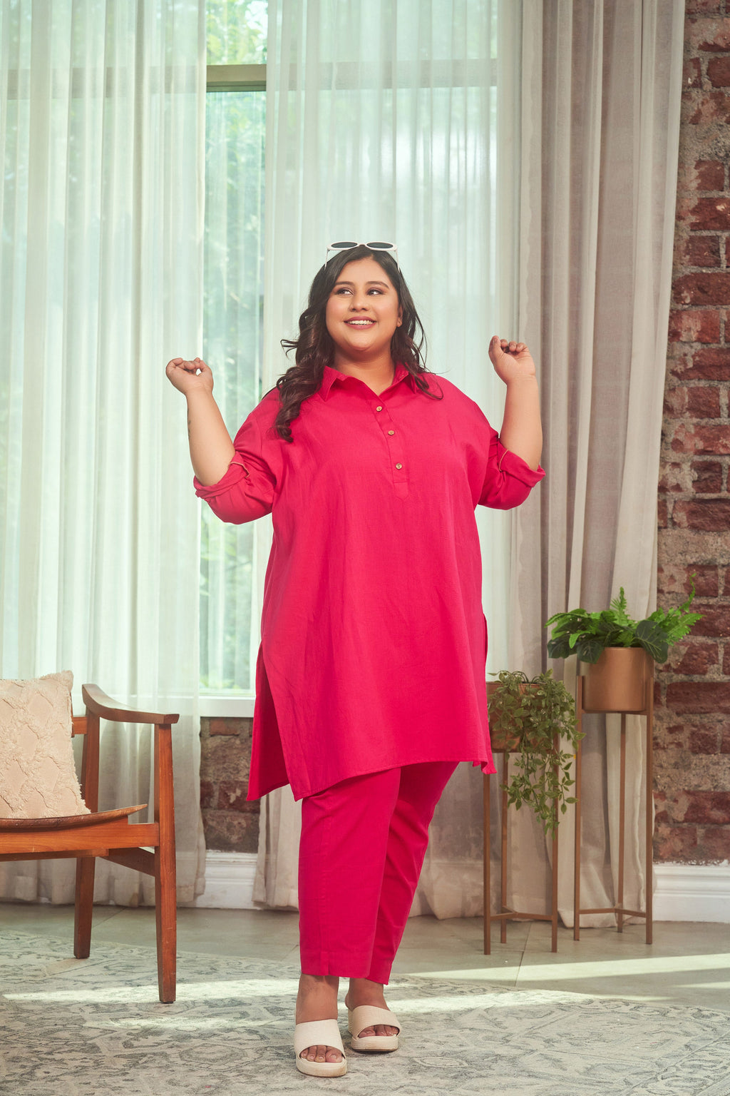 Hot Pink Collared Linen Co-ord Set