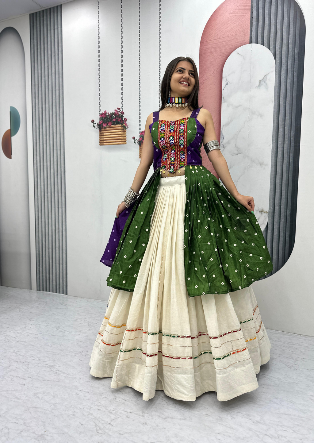 Rangvilas Bandhej Gamathi Mirror Work Khadi Cotton Garba Dress