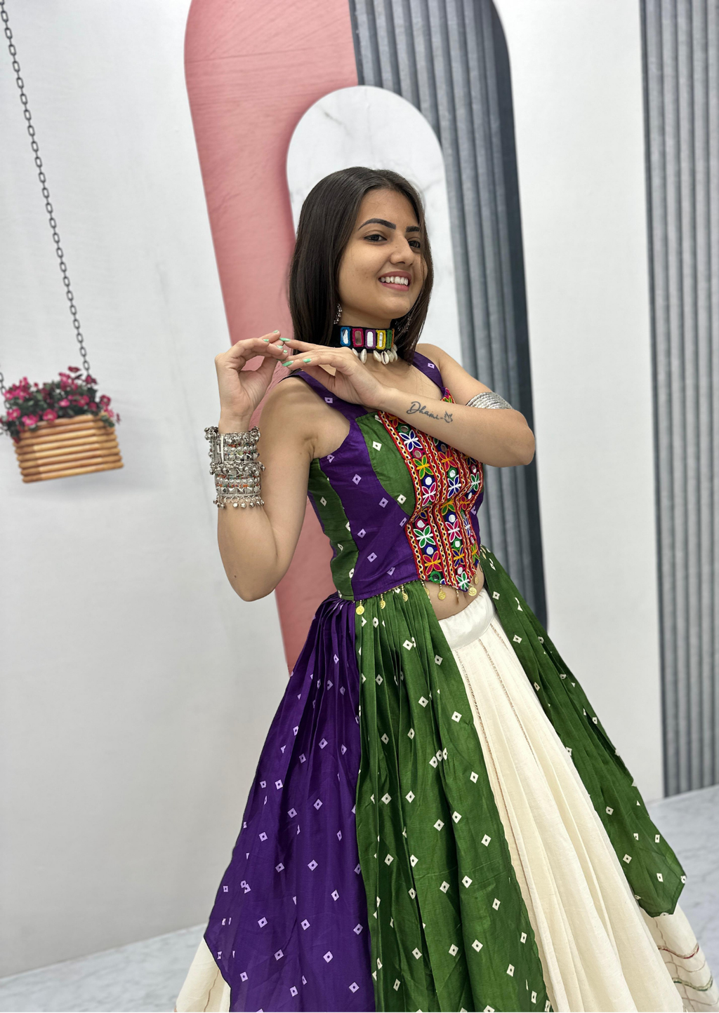 Rangvilas Bandhej Gamathi Mirror Work Khadi Cotton Garba Dress