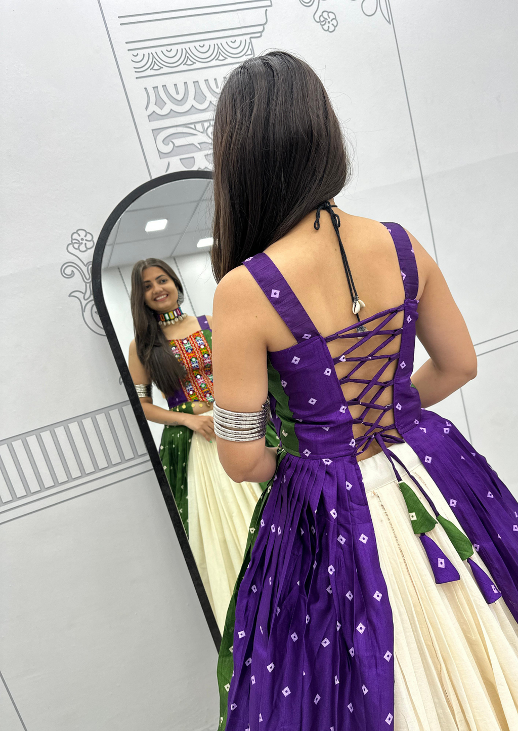 Rangvilas Bandhej Gamathi Mirror Work Khadi Cotton Garba Dress