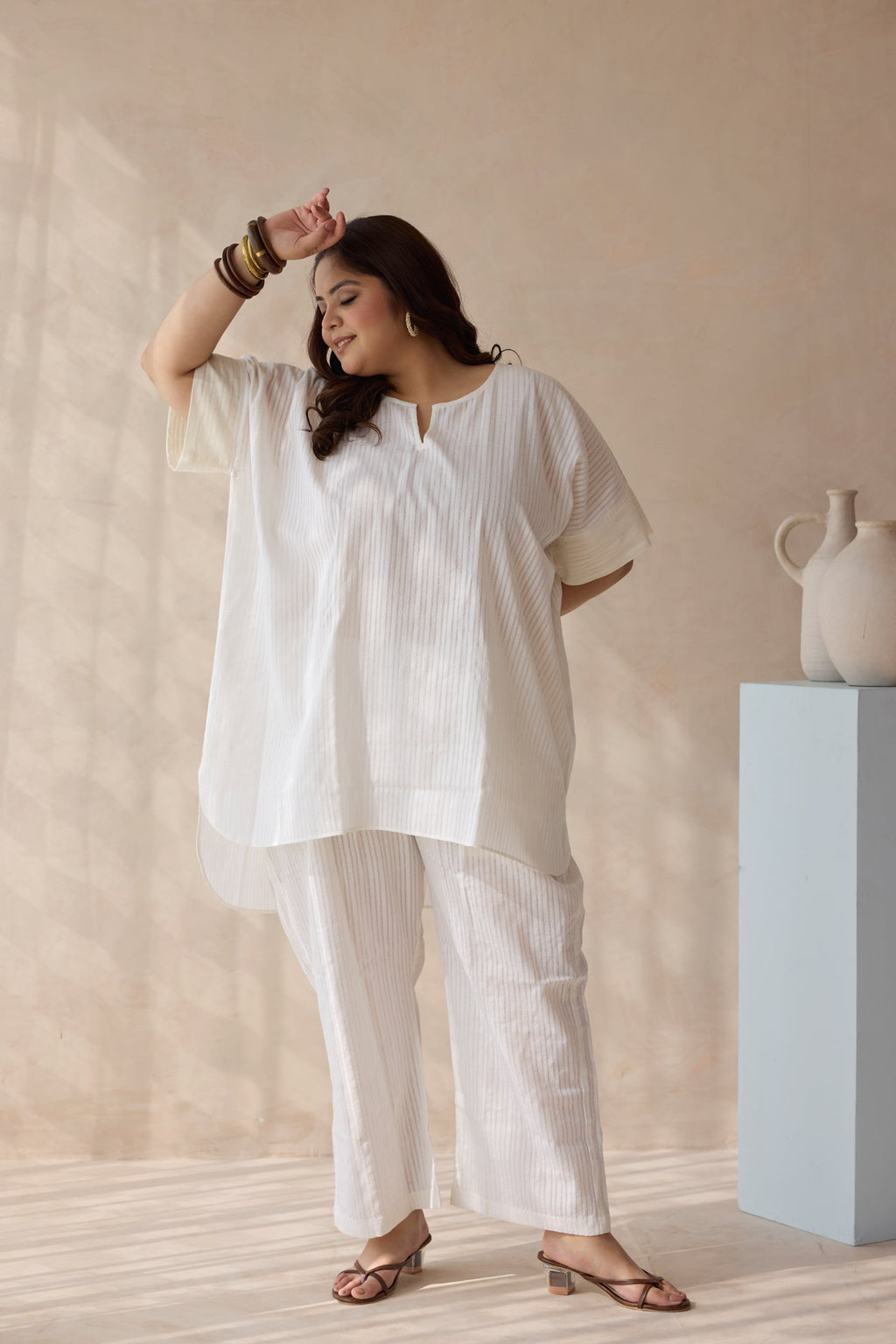 Pearl White Antifit Striped Cotton Co-ord Set