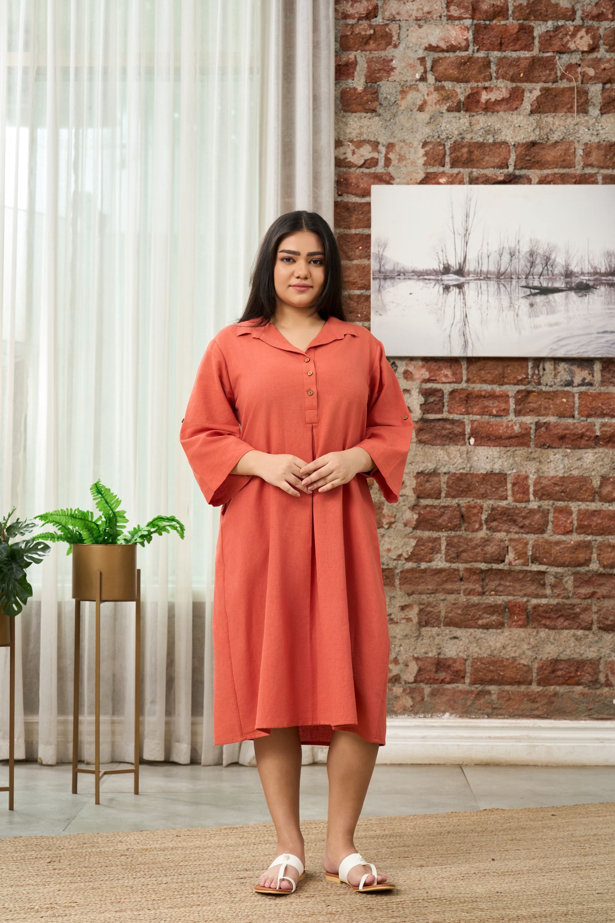 Rust Orange Mid-Length Linen Shirt Collar Dress