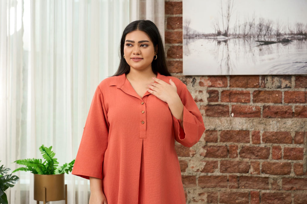 Rust Orange Mid-Length Linen Shirt Collar Dress