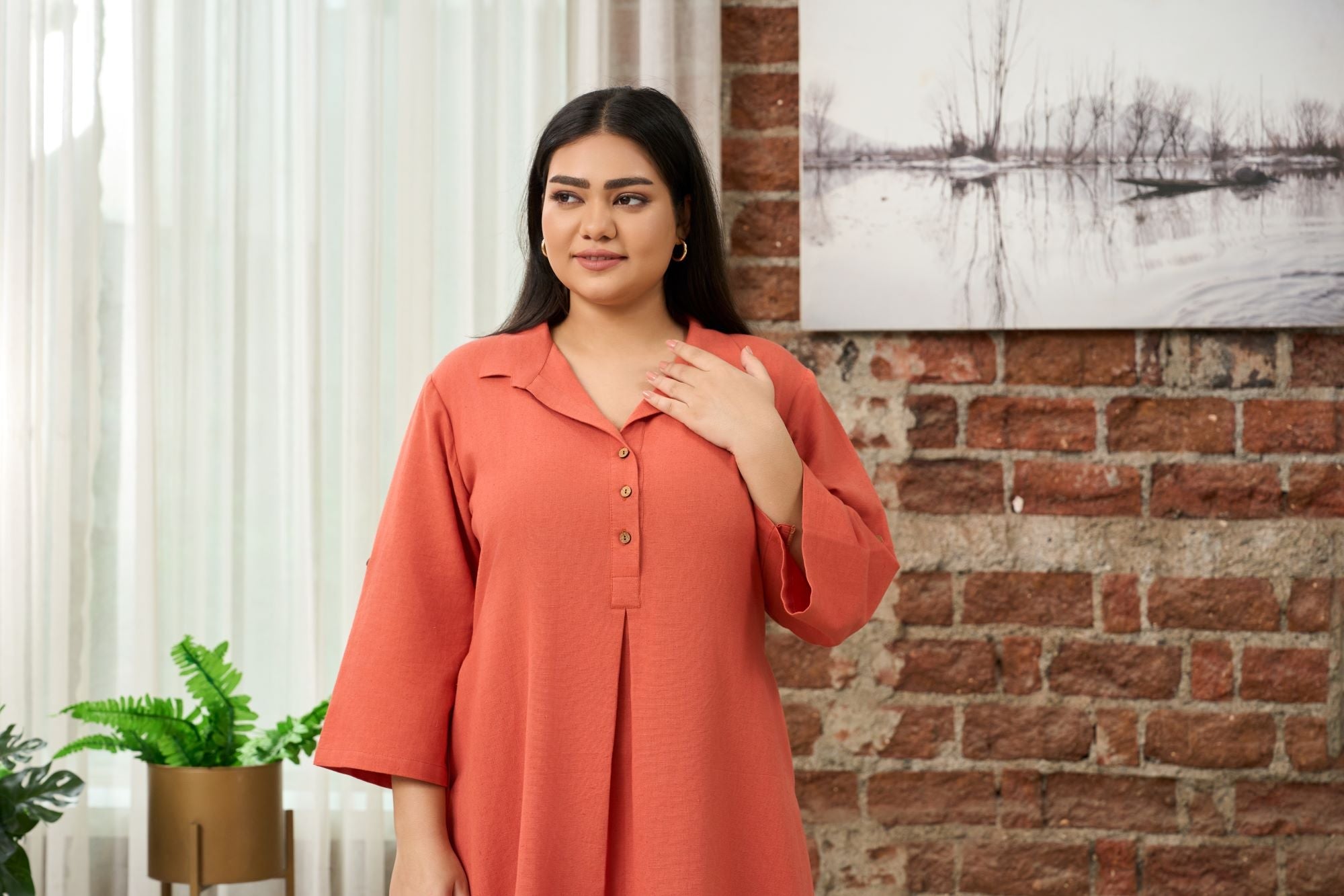 Rust Orange Mid-Length Linen Shirt Collar Dress