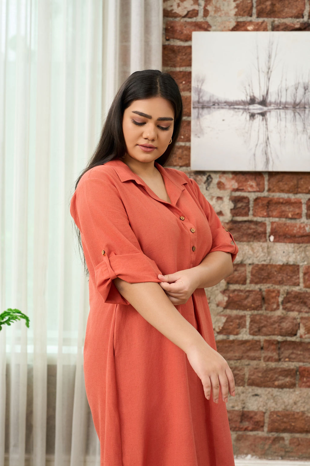 Rust Orange Mid-Length Linen Shirt Collar Dress