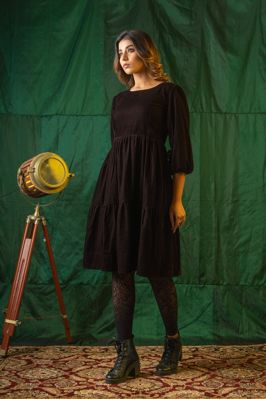 Brown Velvet Tiered Dress