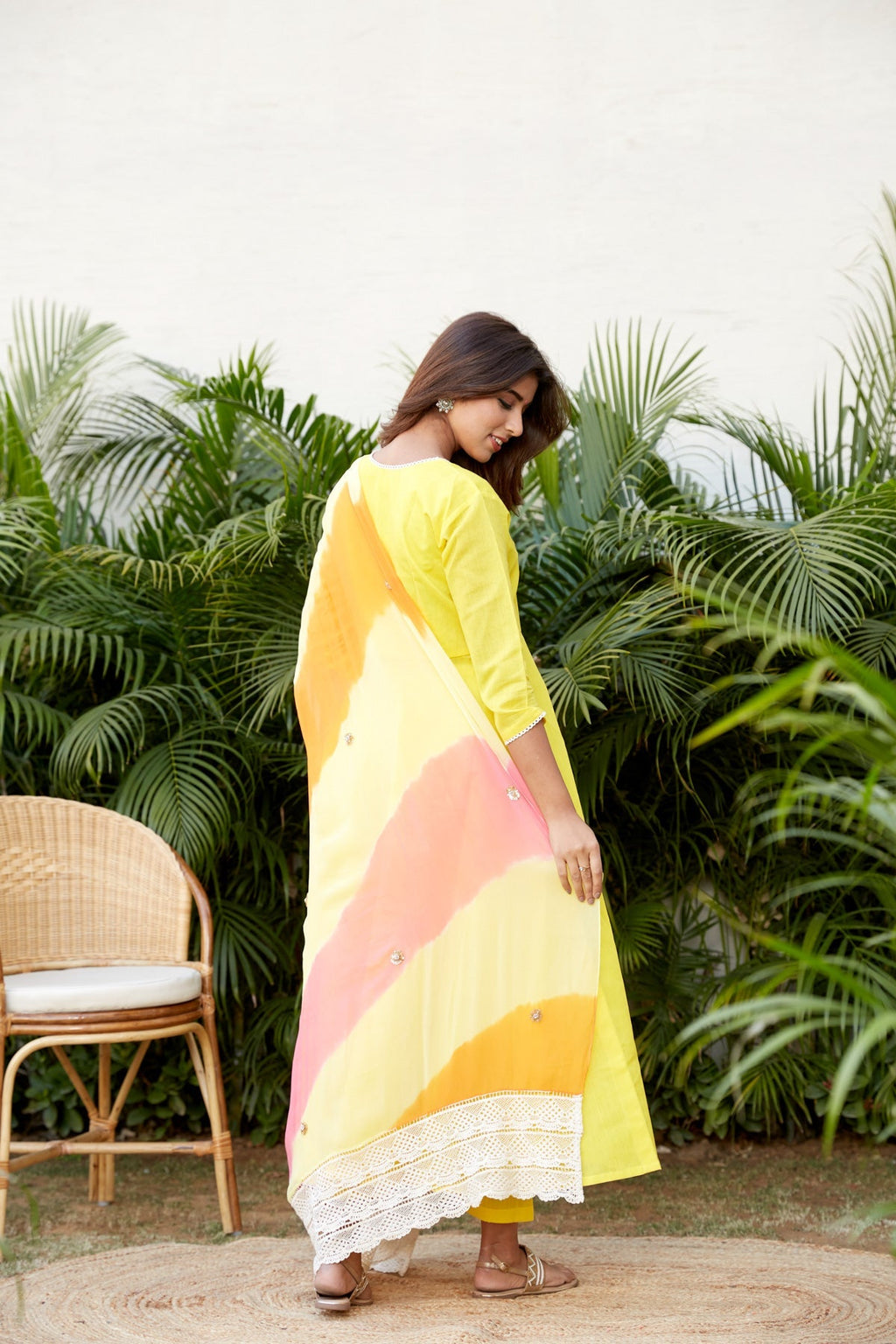 Yellow Mulmul Anarkali Suit Set - (Set of 3)