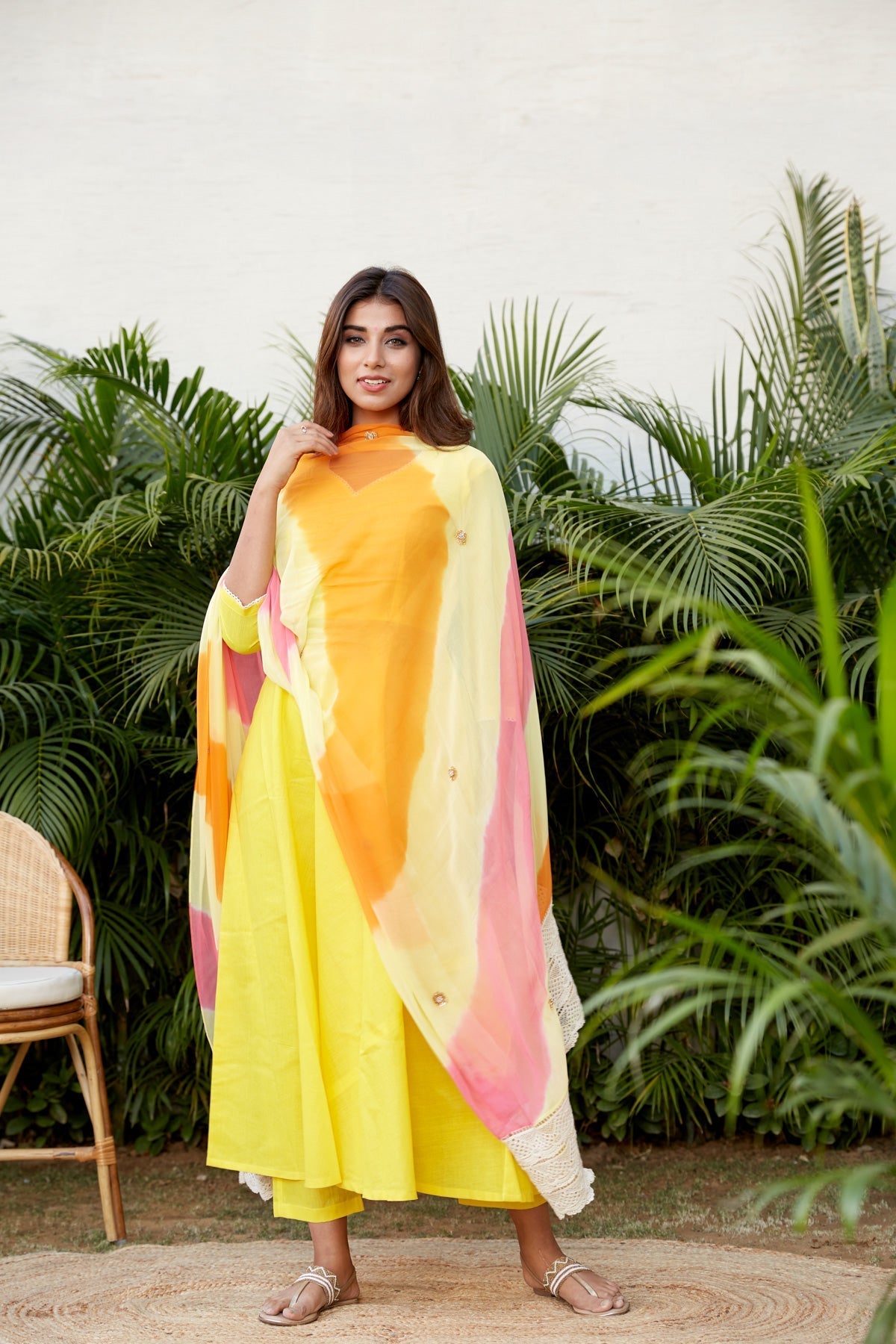 Yellow Mulmul Anarkali Suit Set - (Set of 3)