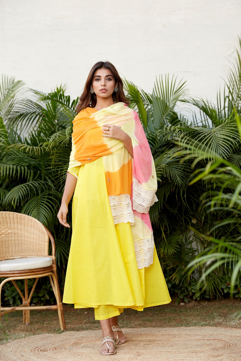 Yellow Mulmul Anarkali Suit Set - (Set of 3)