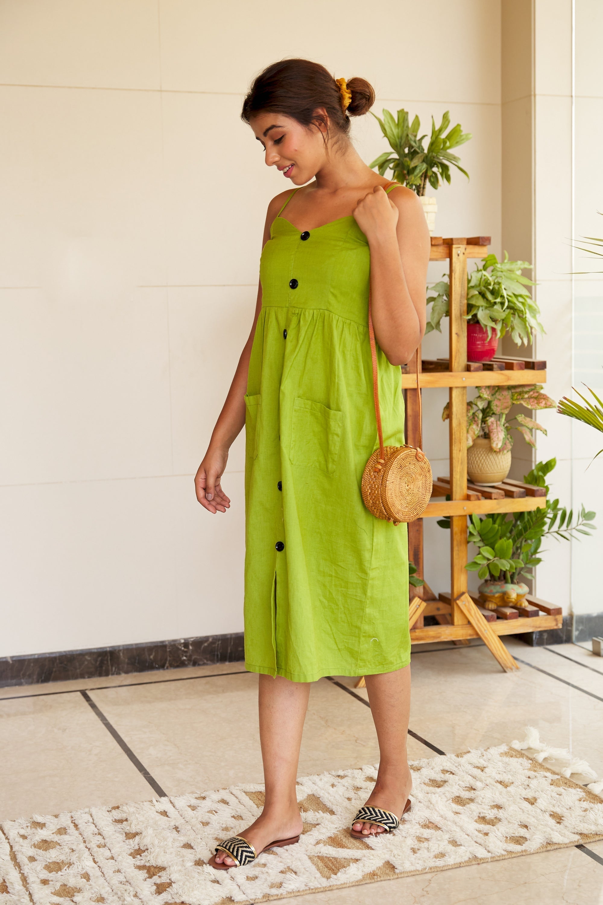 Green Strappy Linen Button Down Dress
