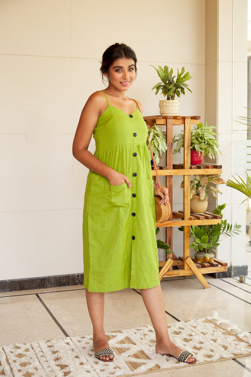 Green Strappy Linen Button Down Dress