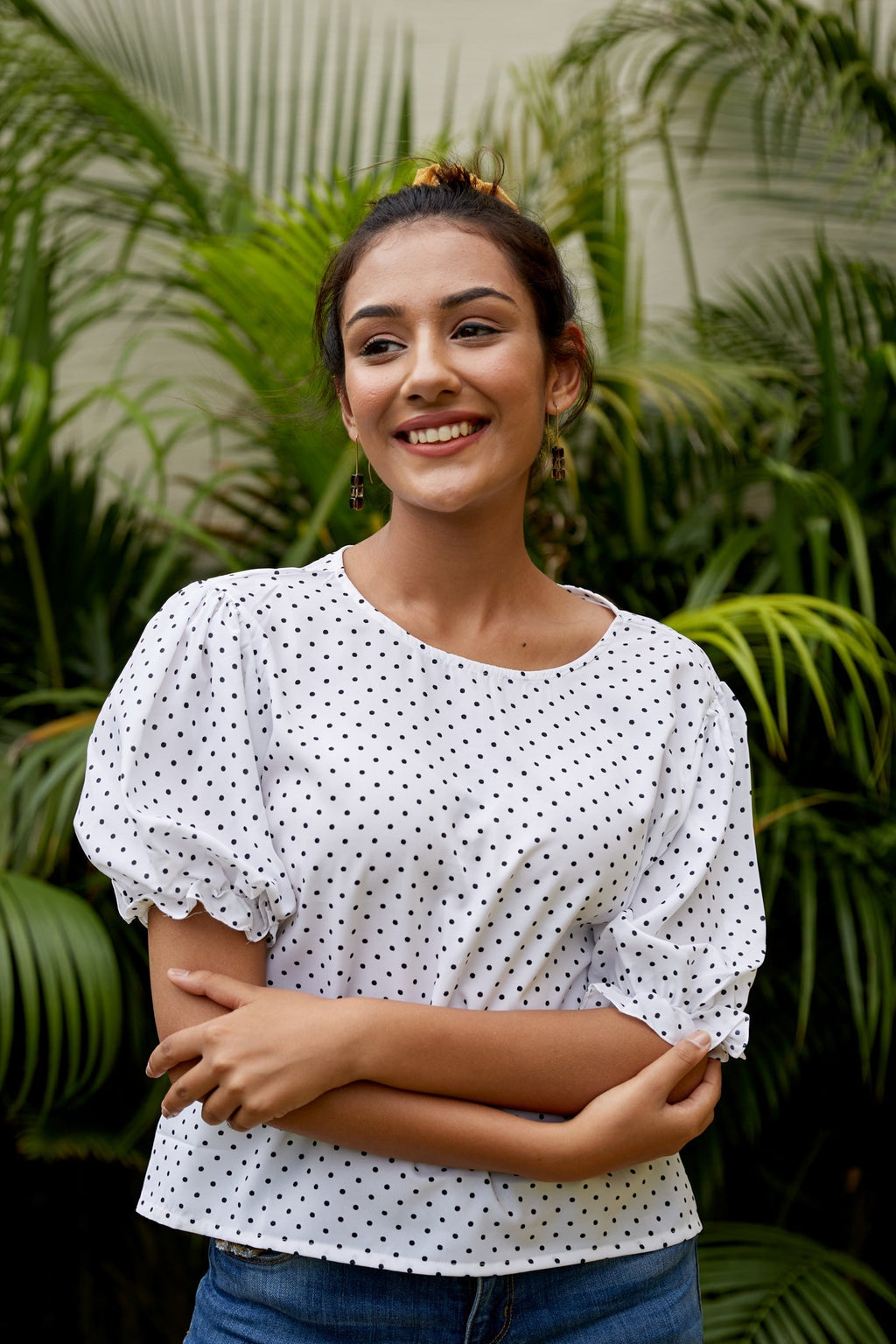 White Crepe Puff Sleeves Polka