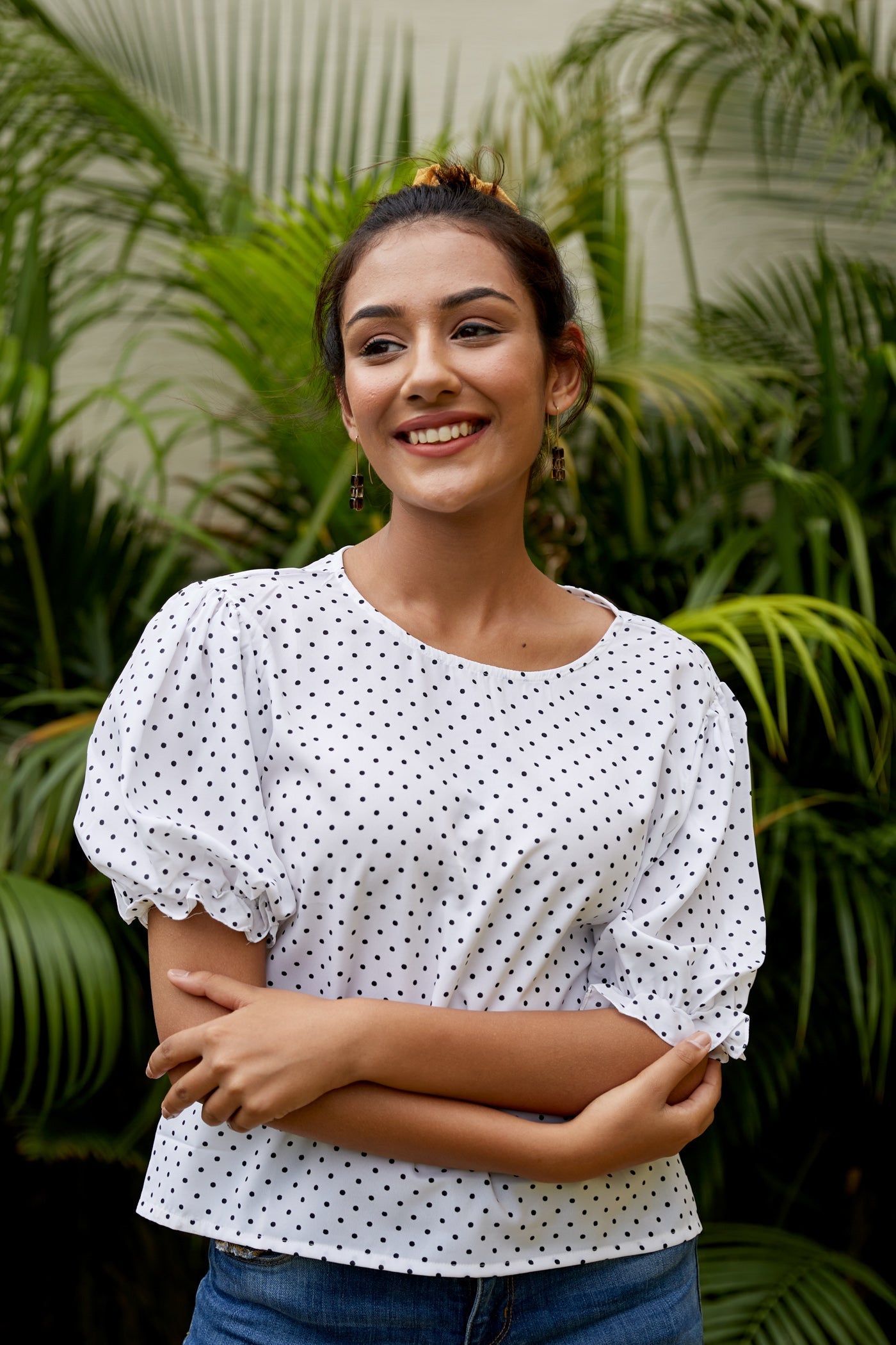 White Crepe Puff Sleeves Polka