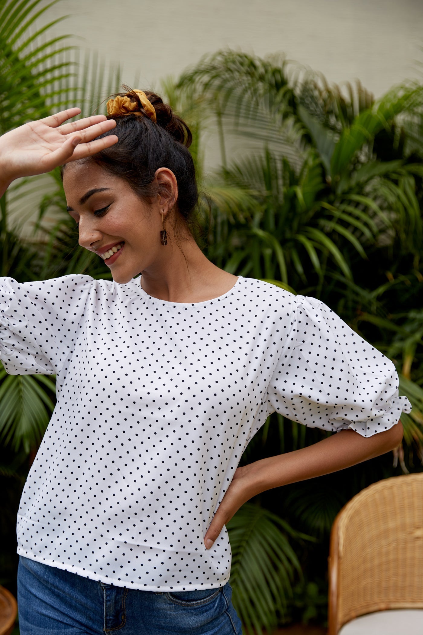 White Crepe Puff Sleeves Polka