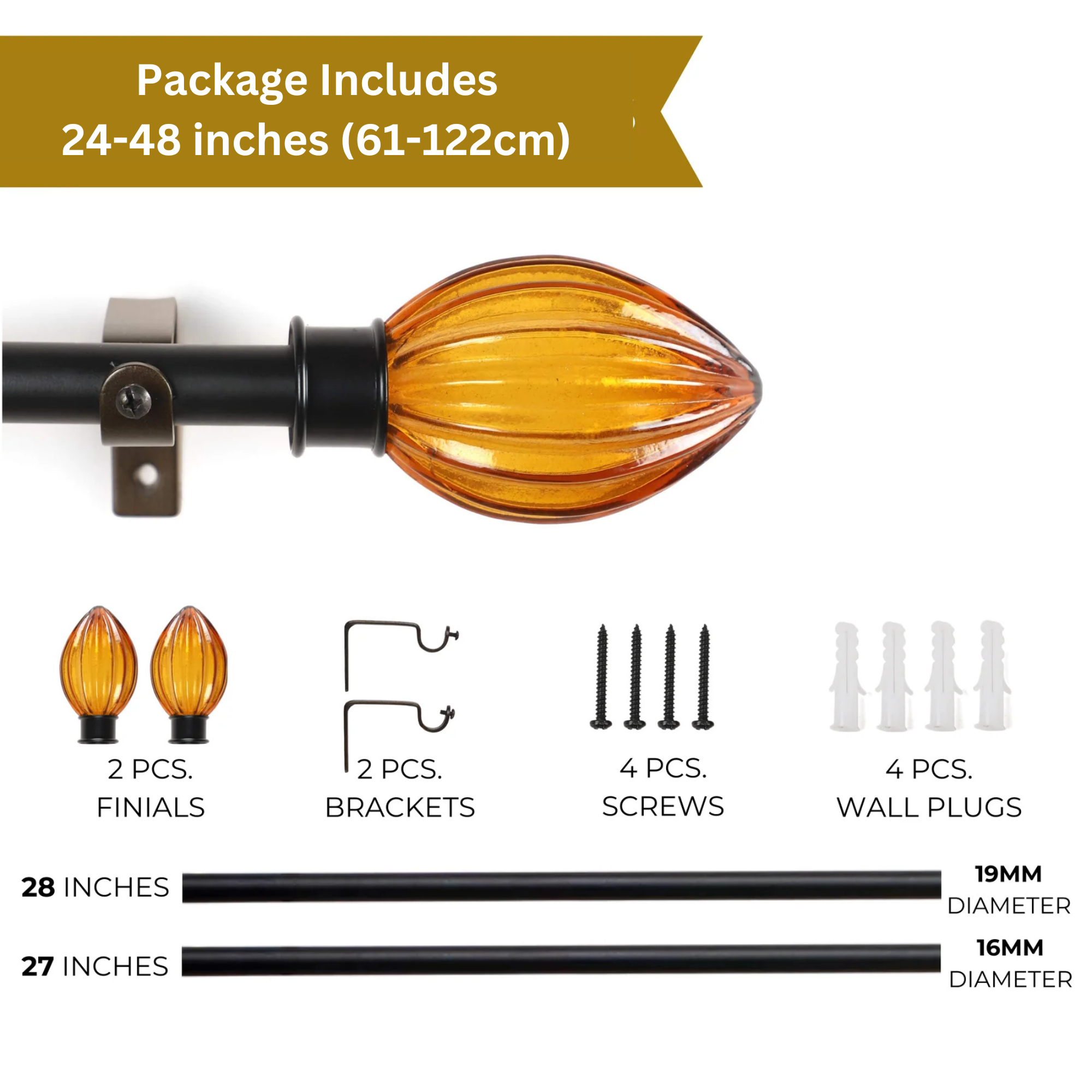 Beige Extendable Curtain Pole | 25mm | Bone-Colored Finials | 61-366cm