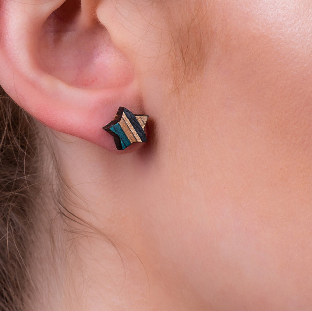 Star Recycled Skateboard Wooden Stud Earrings