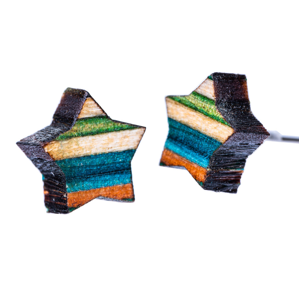 Star Recycled Skateboard Wooden Stud Earrings
