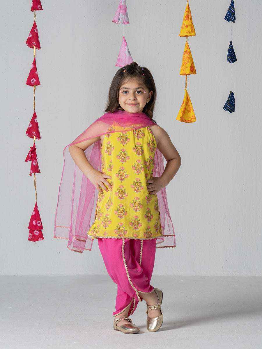 Gulaabo Charm Yellow & Pink Patiala Kurta Set