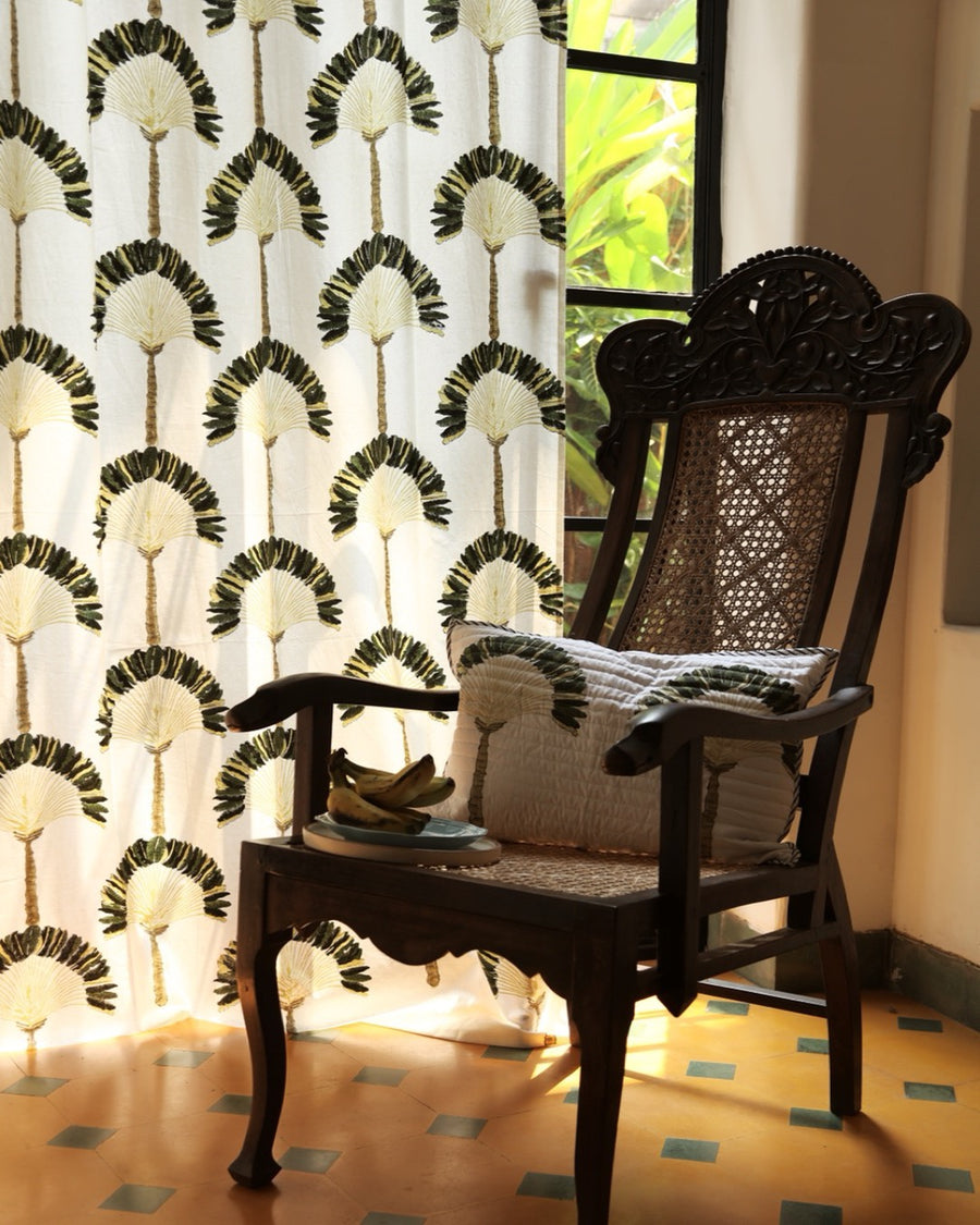 White & Green Hand Block Printed Linen Curtains | Traveller's Palm Design