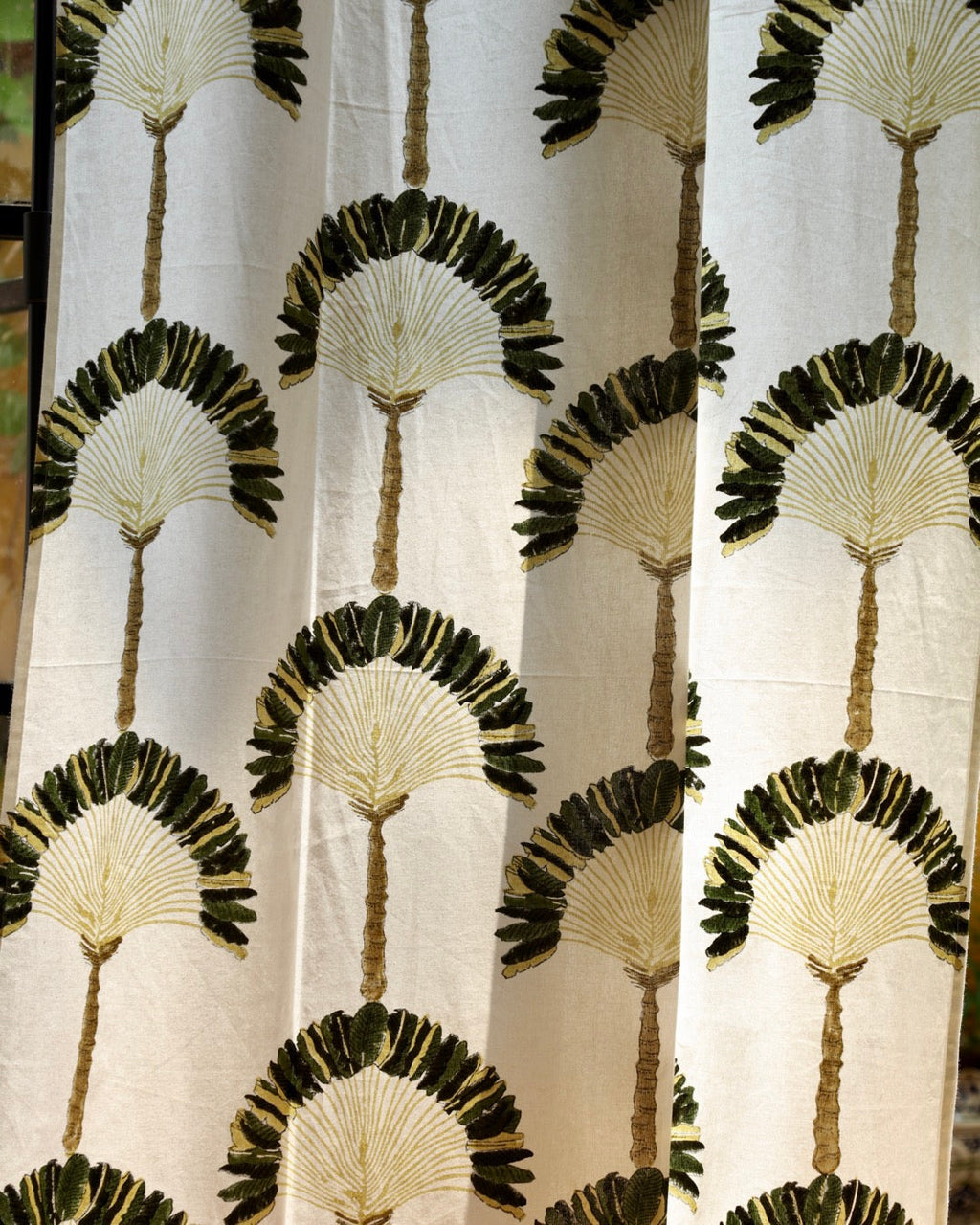 White & Green Hand Block Printed Linen Curtains | Traveller's Palm Design