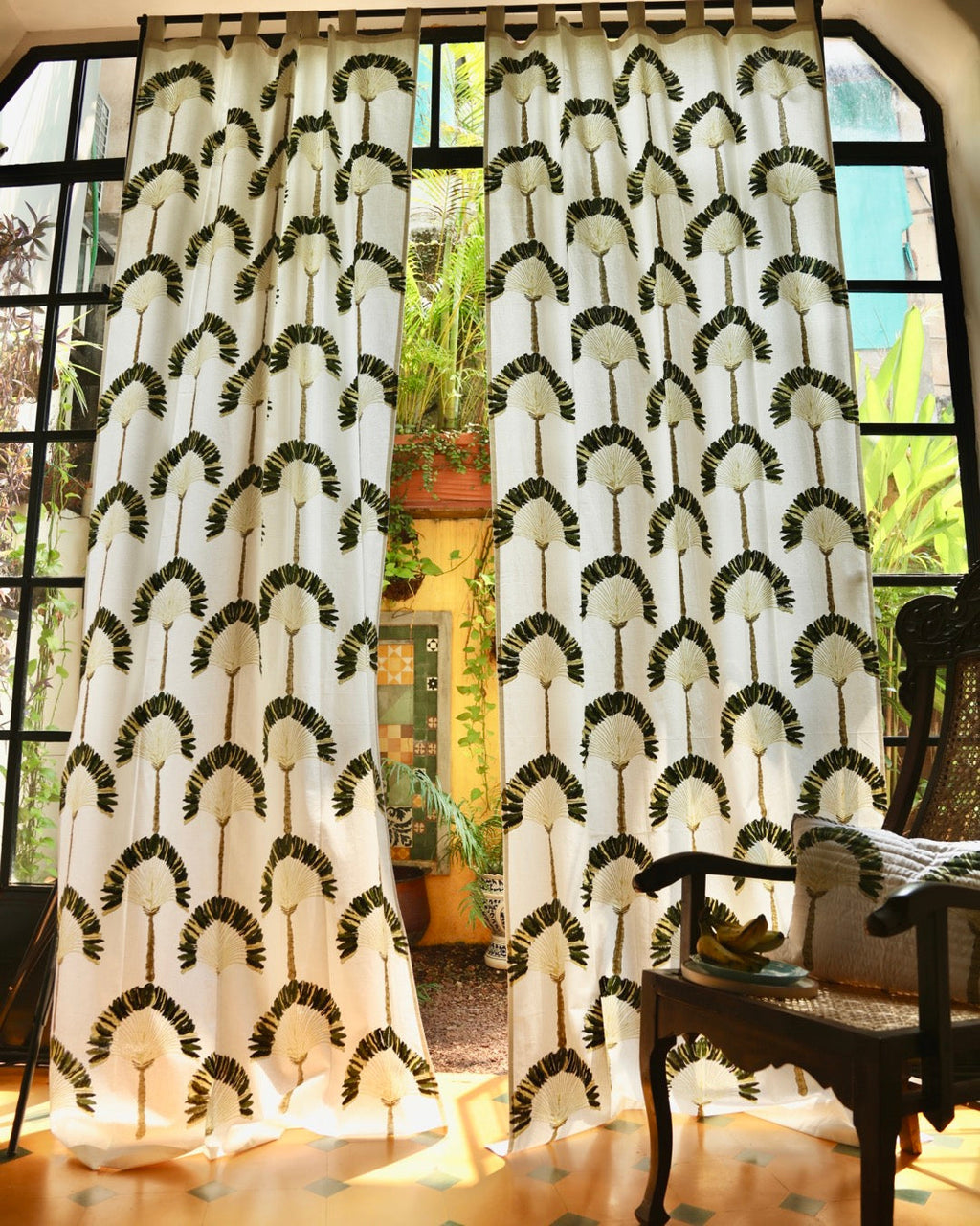 White & Green Hand Block Printed Linen Curtains | Traveller's Palm Design