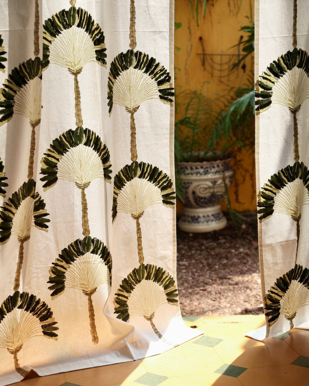White & Green Hand Block Printed Linen Curtains | Traveller's Palm Design