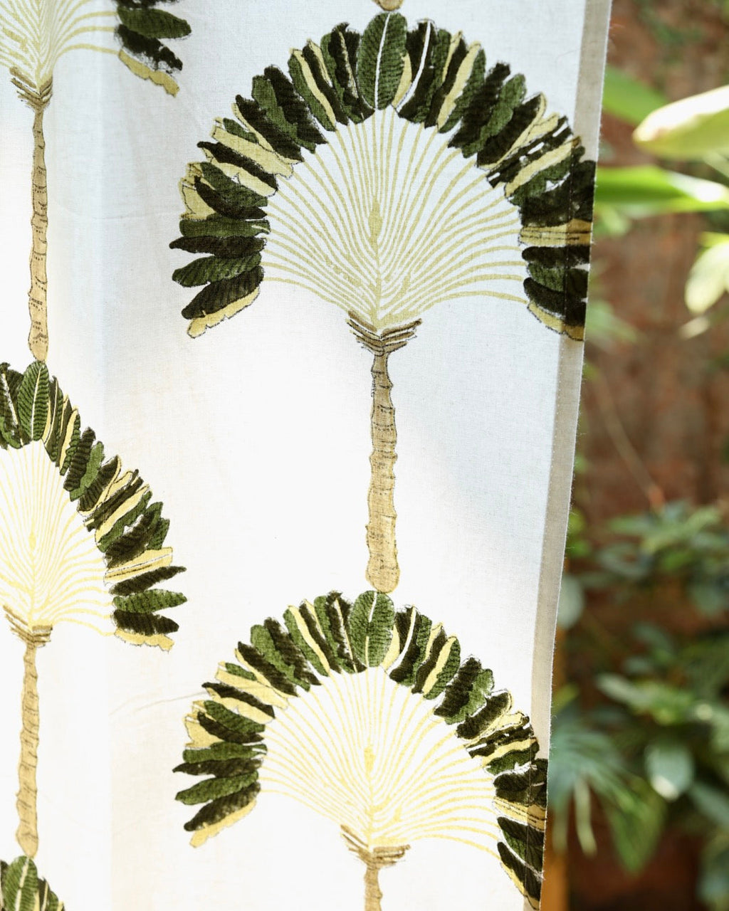 White & Green Hand Block Printed Linen Curtains | Traveller's Palm Design