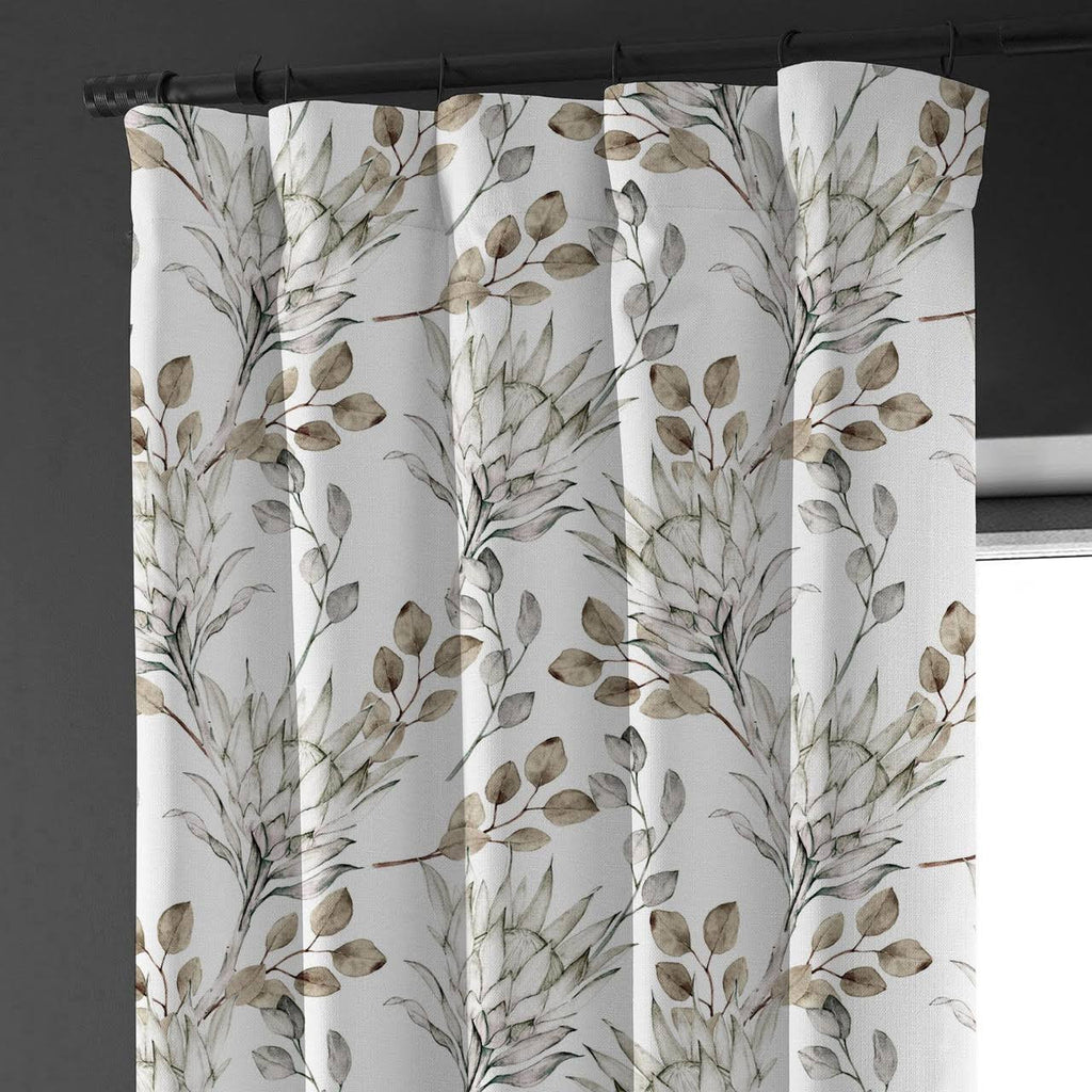 Hand Painted Style Brown Linen Curtains UK - Watercolor Leaf & Flower Design