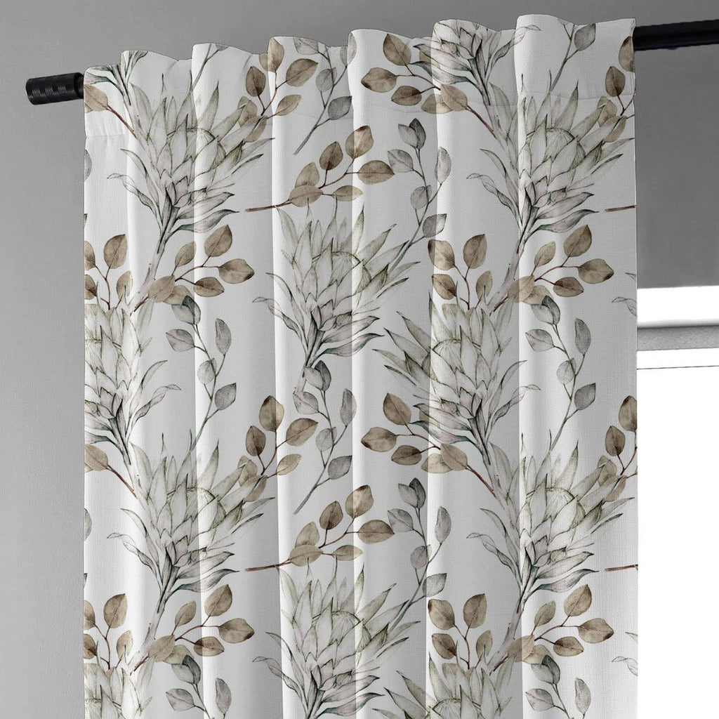 Hand Painted Style Brown Linen Curtains UK - Watercolor Leaf & Flower Design