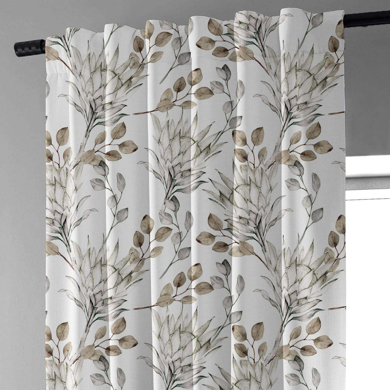Hand Painted Style Brown Linen Curtains UK - Watercolor Leaf & Flower Design