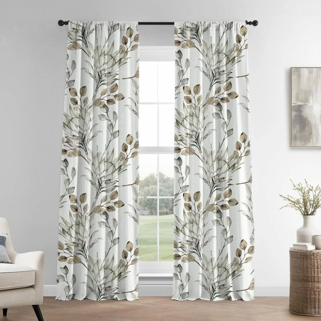 Hand Painted Style Brown Linen Curtains UK - Watercolor Leaf & Flower Design