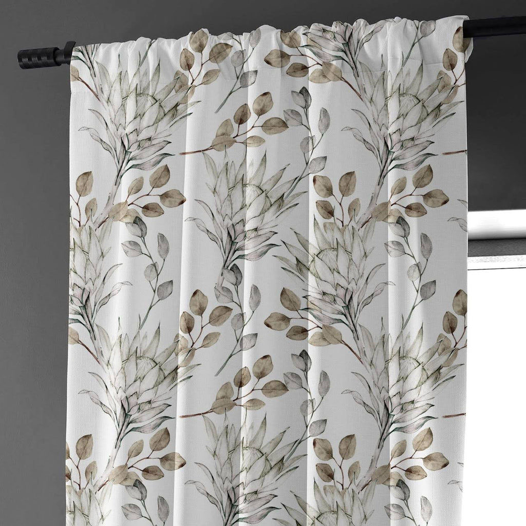 Hand Painted Style Brown Linen Curtains UK - Watercolor Leaf & Flower Design