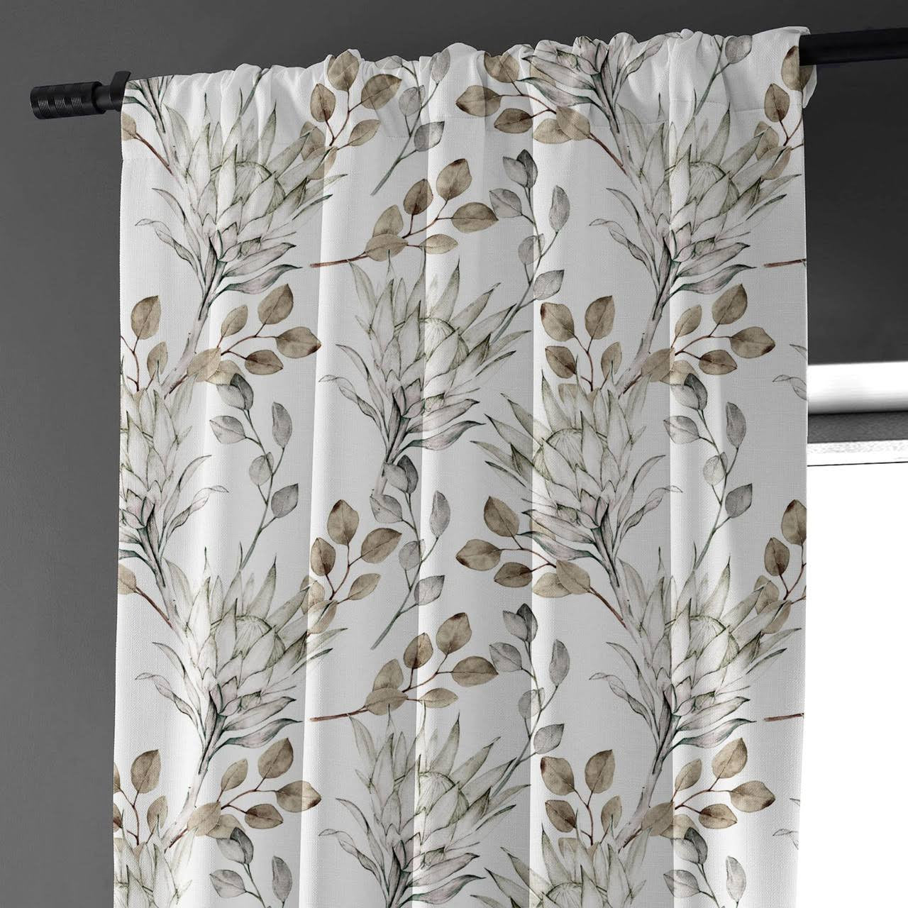 Hand Painted Style Brown Linen Curtains UK - Watercolor Leaf & Flower Design