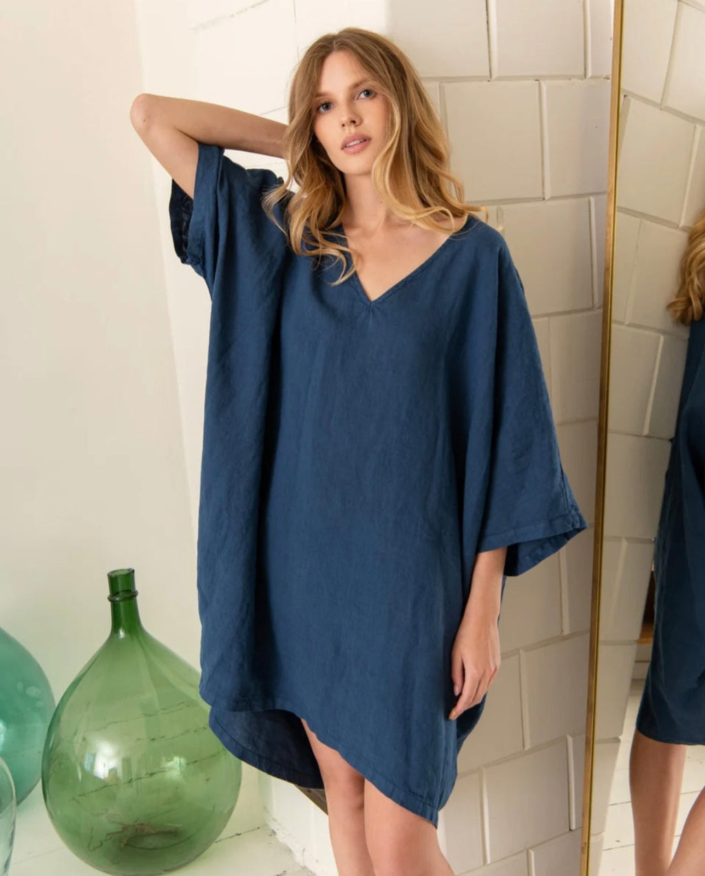Blue Linen Kaftan Dress |Knee Length Dress | Linen Dress | Linen Clothing | 100% Organic Linen