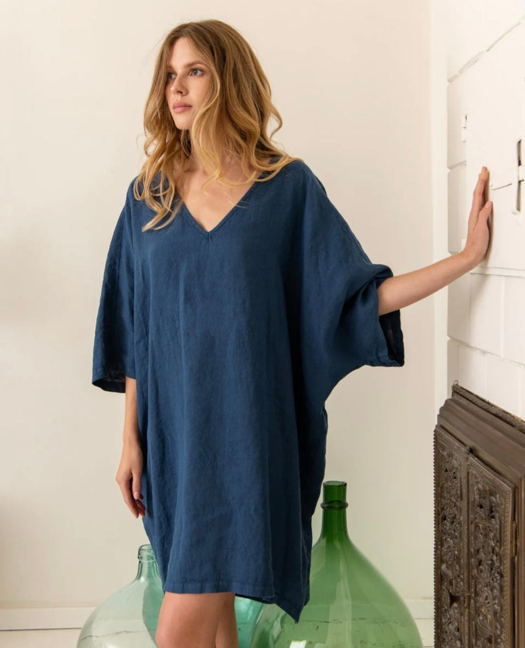 Blue Linen Kaftan Dress |Knee Length Dress | Linen Dress | Linen Clothing | 100% Organic Linen