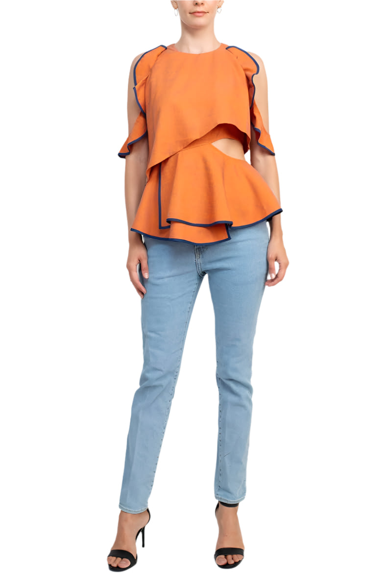 WHY Dress Crew Neck Ruffled Sleeveless Zipper Back Piping Detail Popover Crepe Top